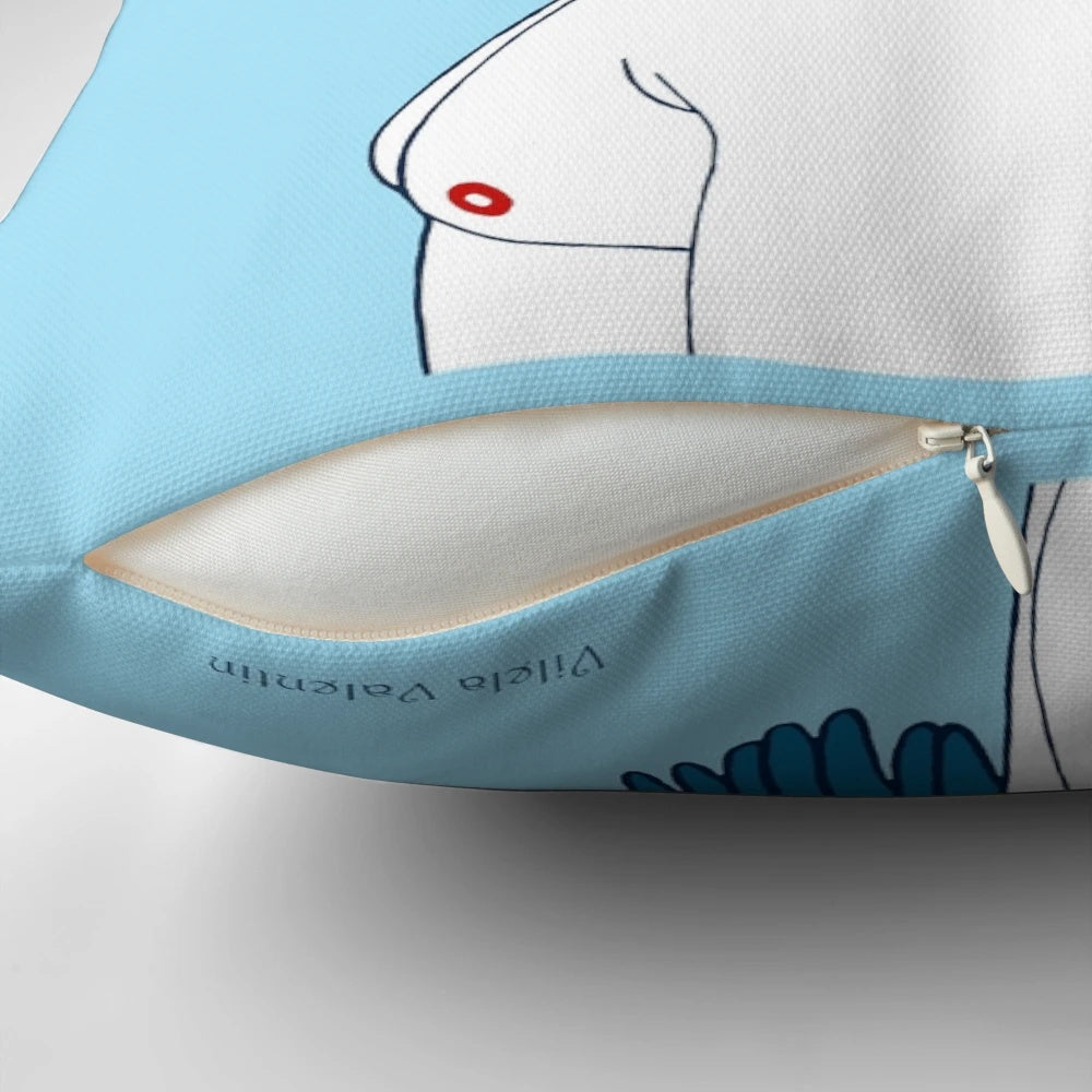 A soft, plush pillow featuring an illustration of a bearded male guardian angel, a symbol of LGBTQ+ spirituality and divine protection.