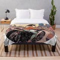 Anime-inspired plush blanket featuring a woman riding a motorcycle in a cityscape