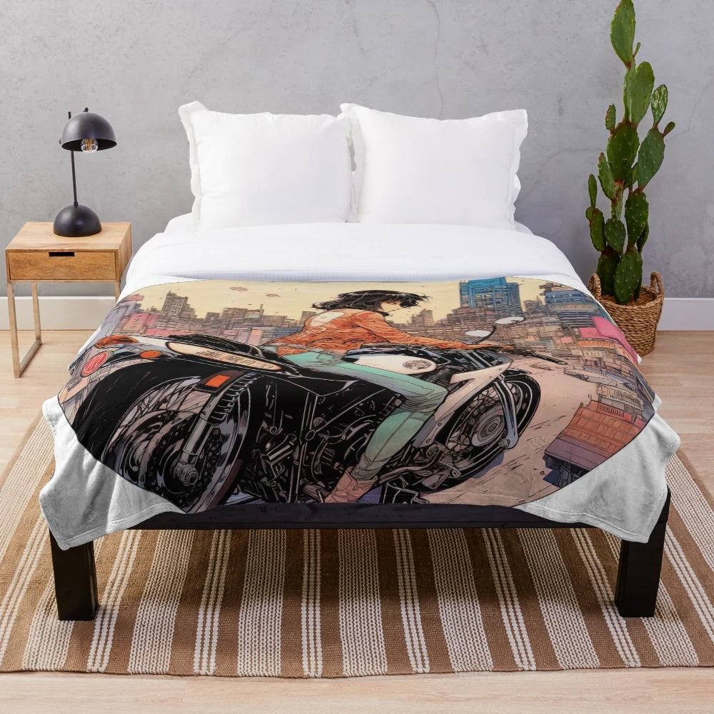 Anime-inspired plush blanket featuring a woman riding a motorcycle in a cityscape