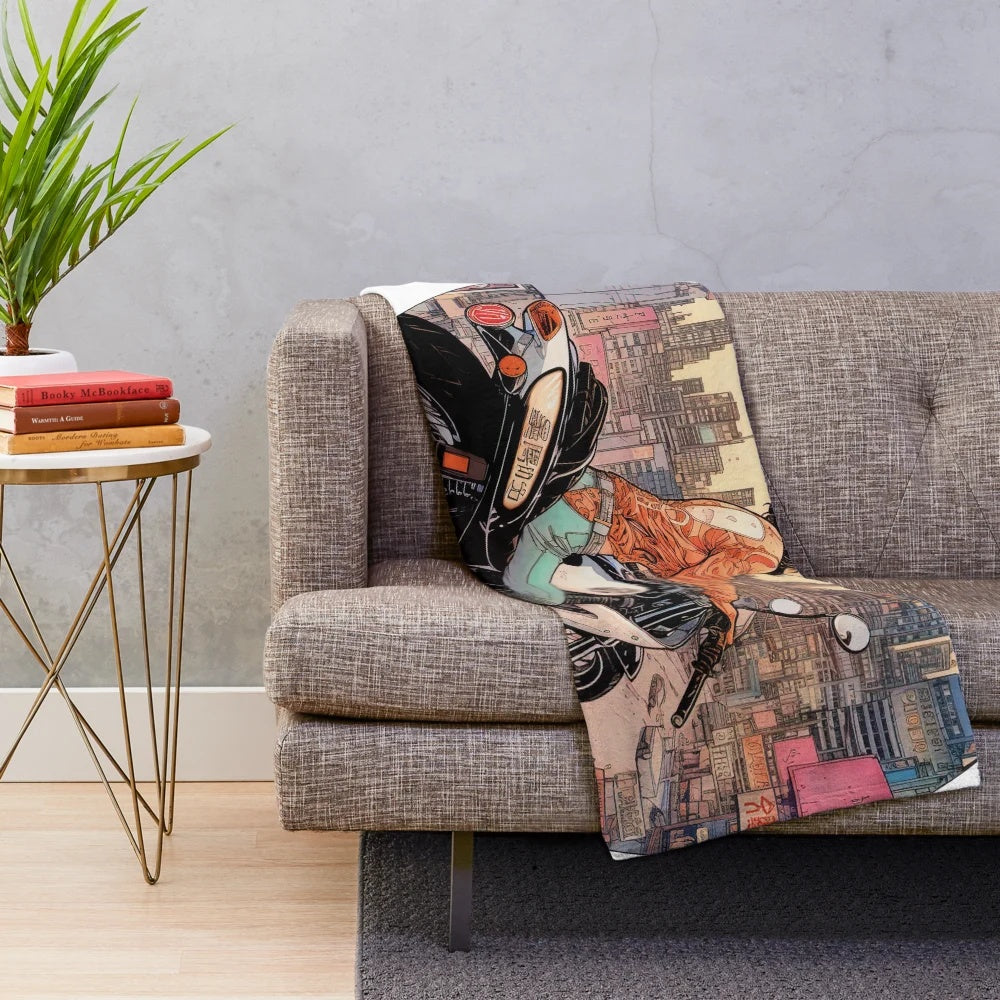 Anime-inspired plush blanket featuring a woman riding a motorcycle in a cityscape