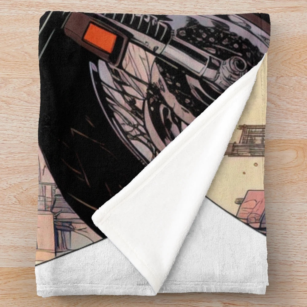Anime-inspired plush blanket featuring a woman riding a motorcycle in a cityscape