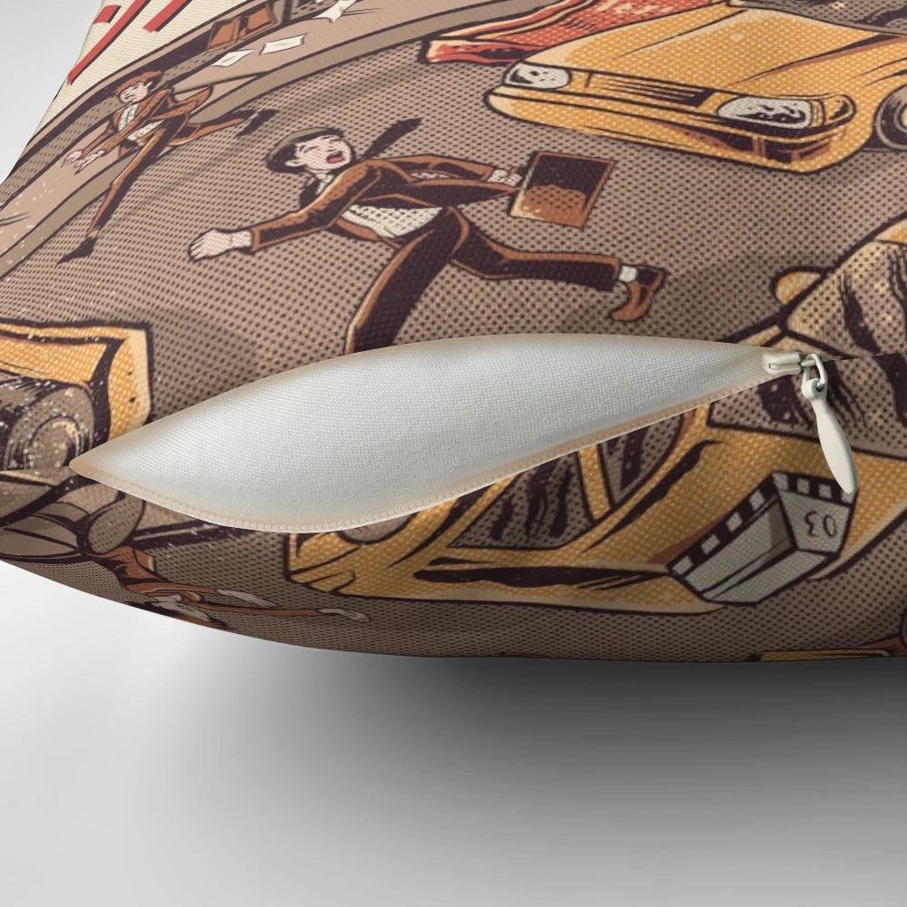 Illustrated BurgerZilla anime-style pillow featuring a giant, retro-inspired cheeseburger monster