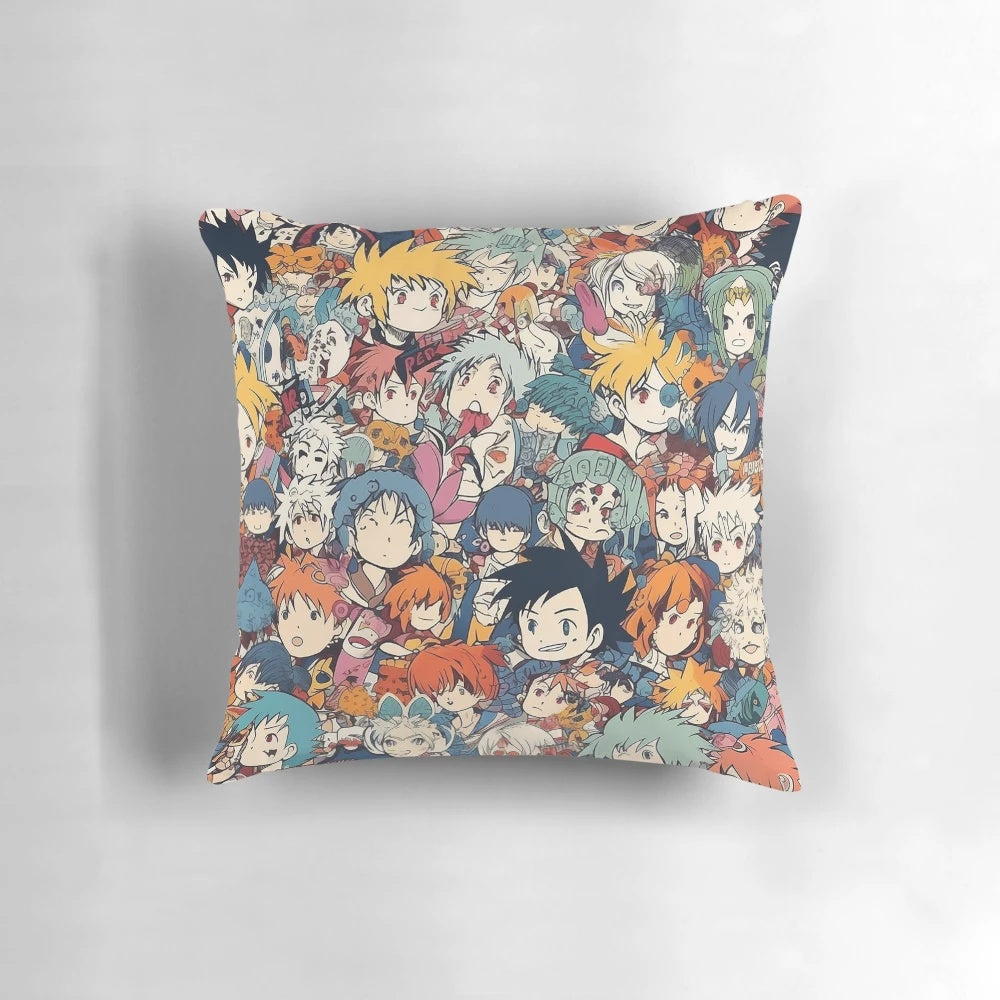 Soft and plush anime-themed decorative pillow with illustrated anime faces