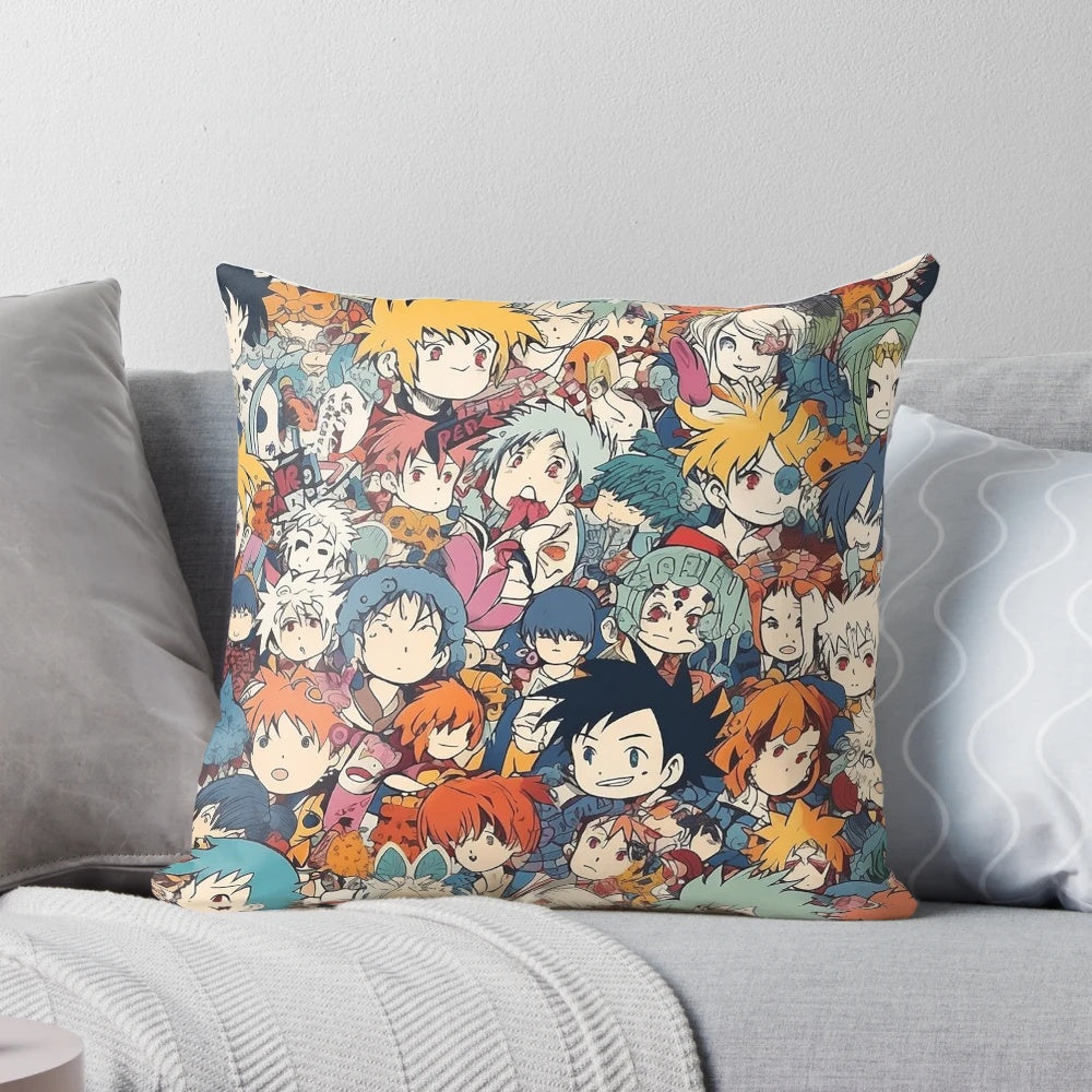 Soft and plush anime-themed decorative pillow with illustrated anime faces