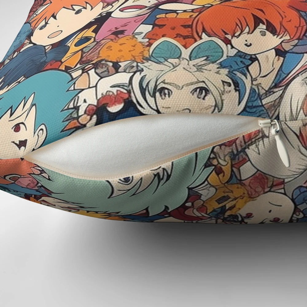 Soft and plush anime-themed decorative pillow with illustrated anime faces