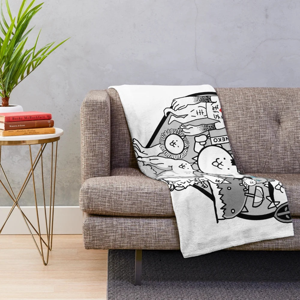 Battle Cats Mural Plush Blanket featuring anime-style cat characters