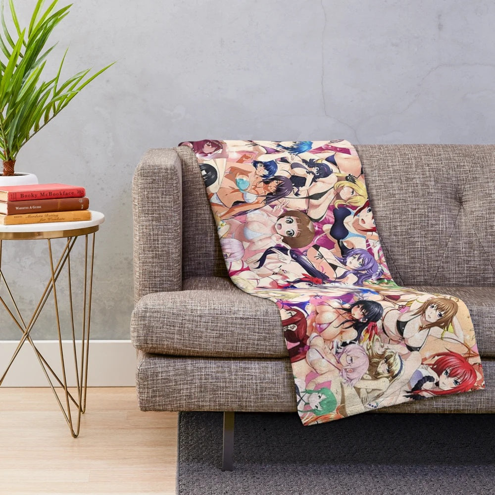 Colorful plush blanket with anime-style beach party scene