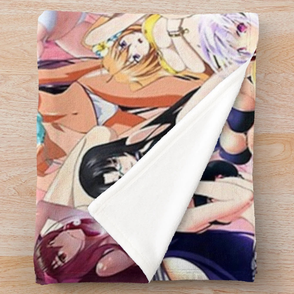 Colorful plush blanket with anime-style beach party scene