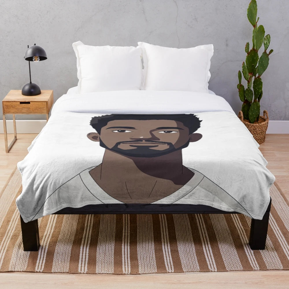 Anime-style plush blanket featuring a portrait of a Cape Verdean man in traditional attire