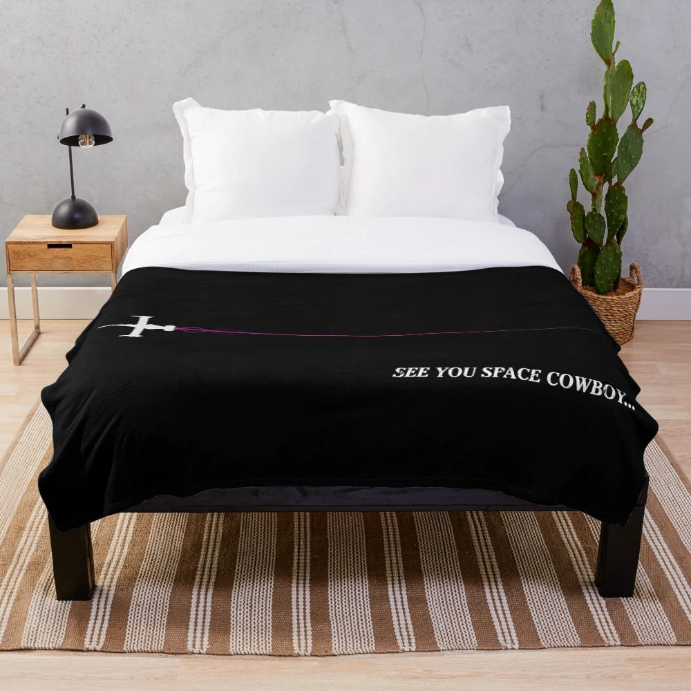 Cowboy Bebop-inspired plush blanket featuring Spike Spiegel and the Swordfish II spacecraft