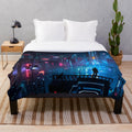 Anime-inspired cyberpunk city landscape plush blanket