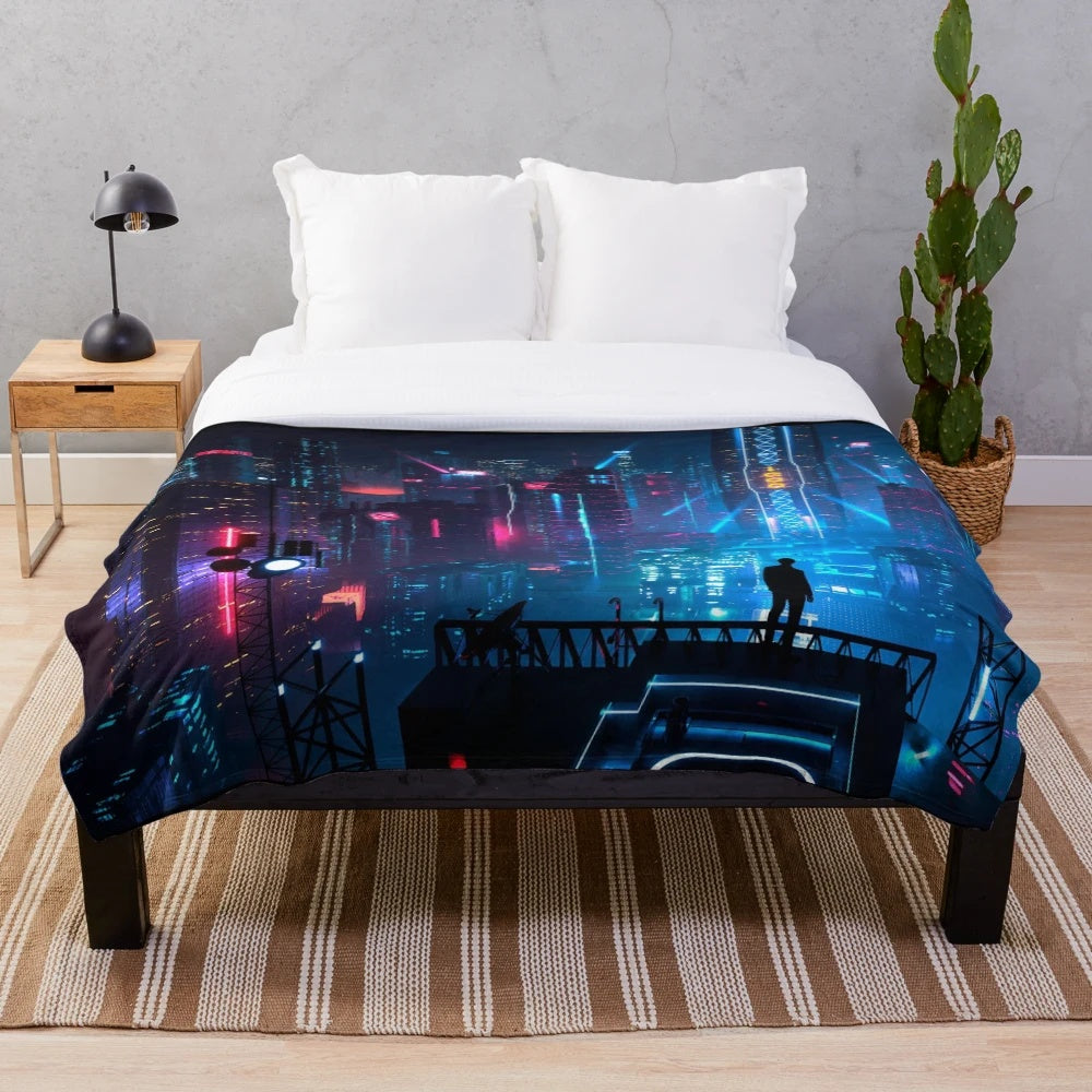 Anime-inspired cyberpunk city landscape plush blanket