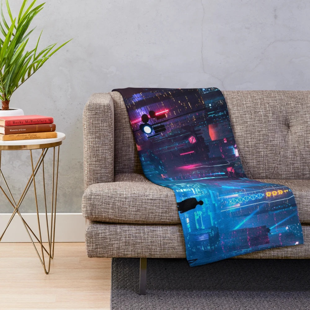 Anime-inspired cyberpunk city landscape plush blanket