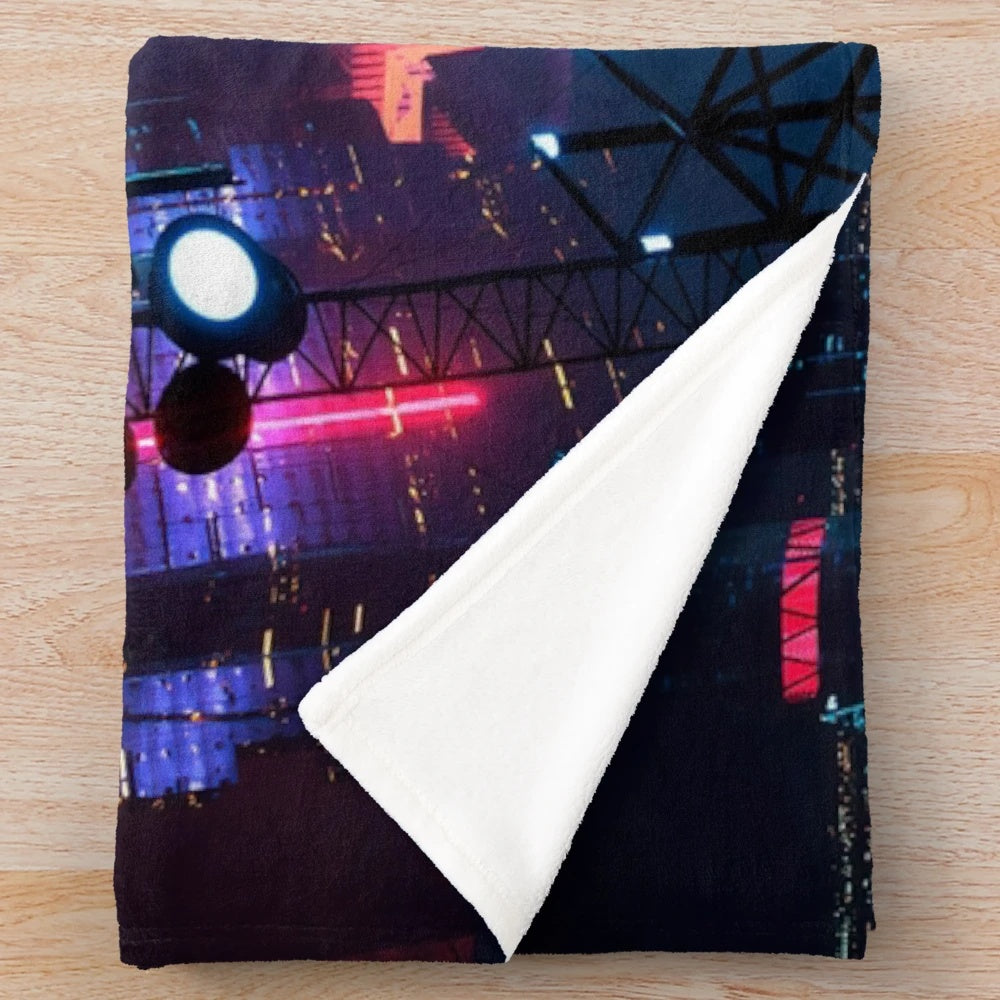 Anime-inspired cyberpunk city landscape plush blanket
