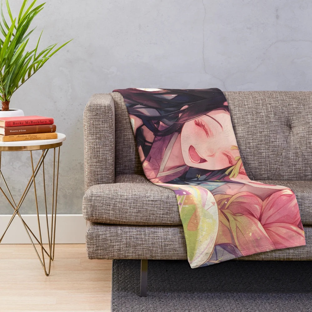 Colorful anime-style plush blanket featuring Nezuko Kamado and Mitsuri Kanroji from the popular Demon Slayer series