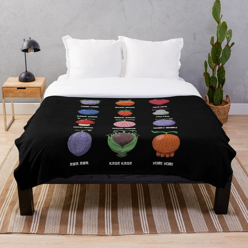 Anime inspired plush blanket featuring devil fruit pirate characters