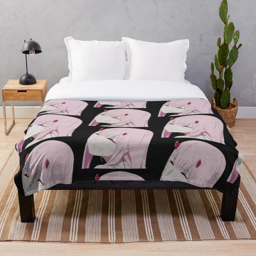 Anime-Inspired Devil Plush Blanket with Zero Two, Mecha Design