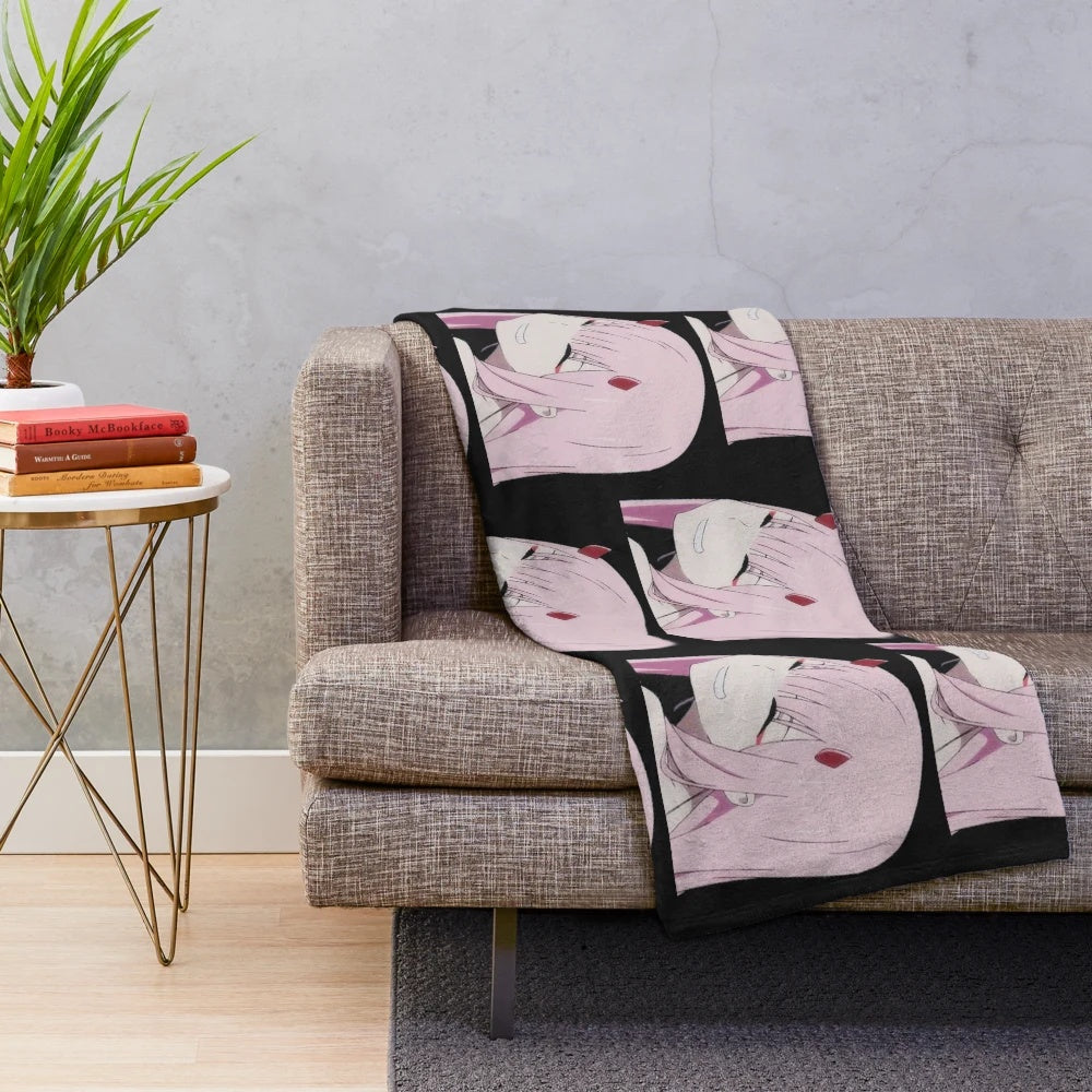 Anime-Inspired Devil Plush Blanket with Zero Two, Mecha Design