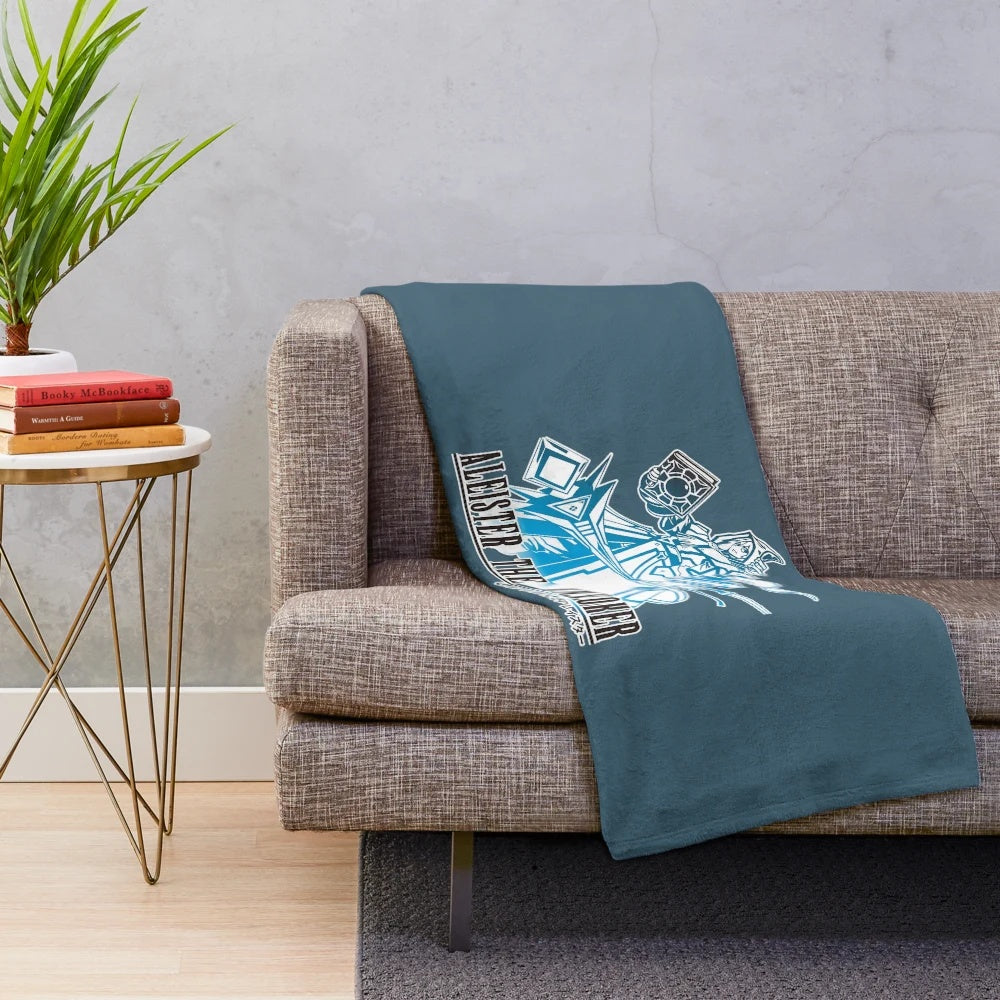 Anime-inspired fantasy plush blanket featuring video game-style character