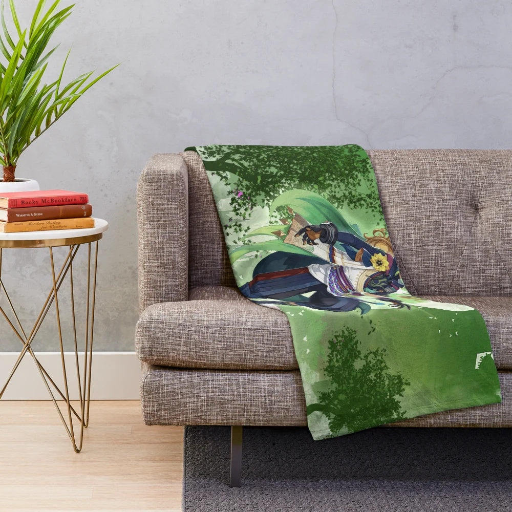 Genshin Impact inspired plush blanket with a japanimation style design