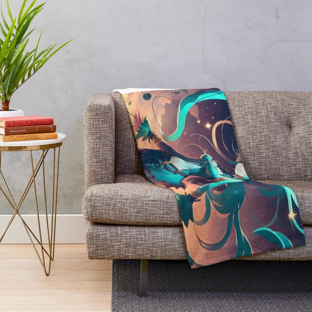 Hatsune Miku themed plush blanket with stars and music notes