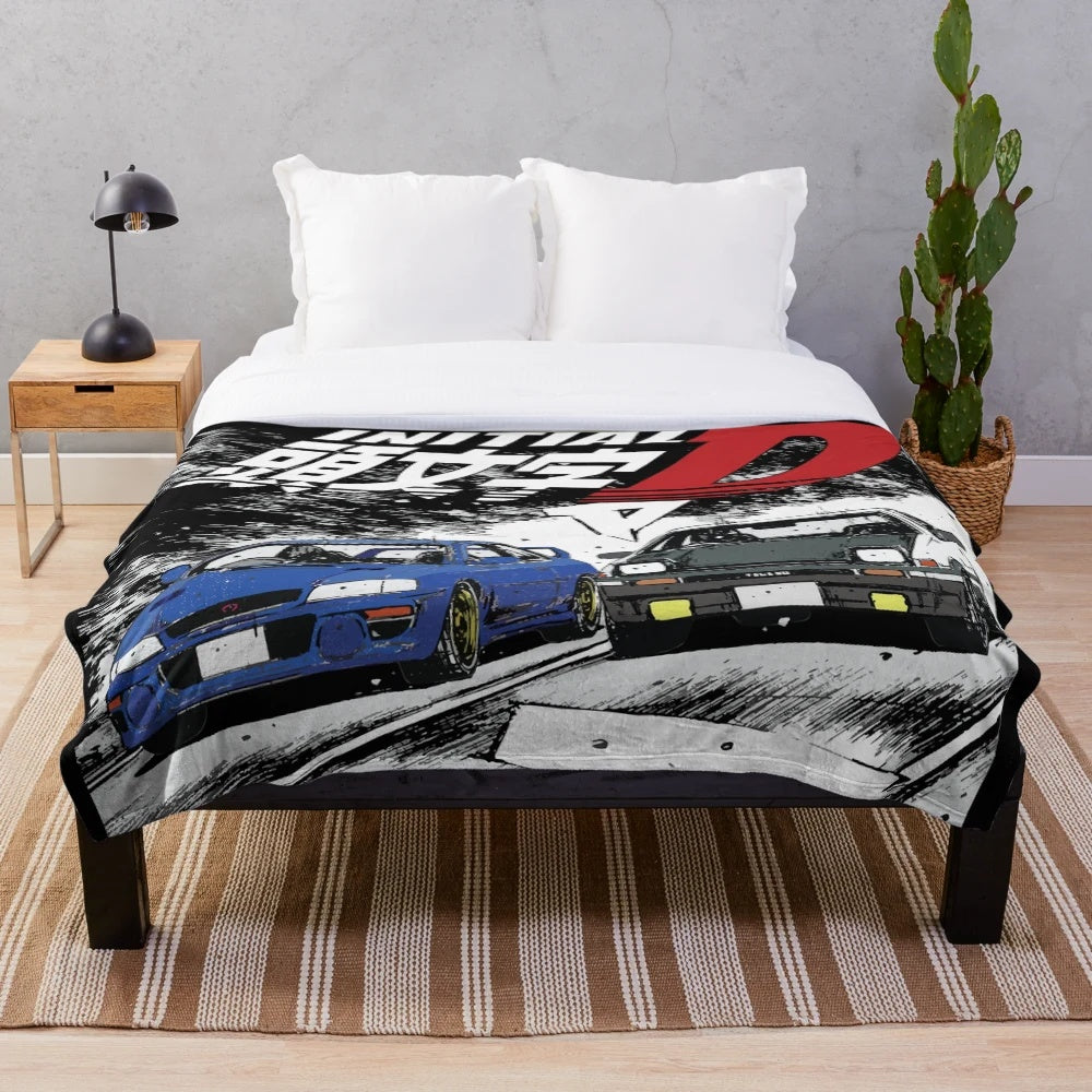 Initial D Inspired Plush Blanket featuring Takumi Fujiwara's Toyota Sprinter Trueno AE86 and Bunta Fujiwara's Subaru Impreza GC8