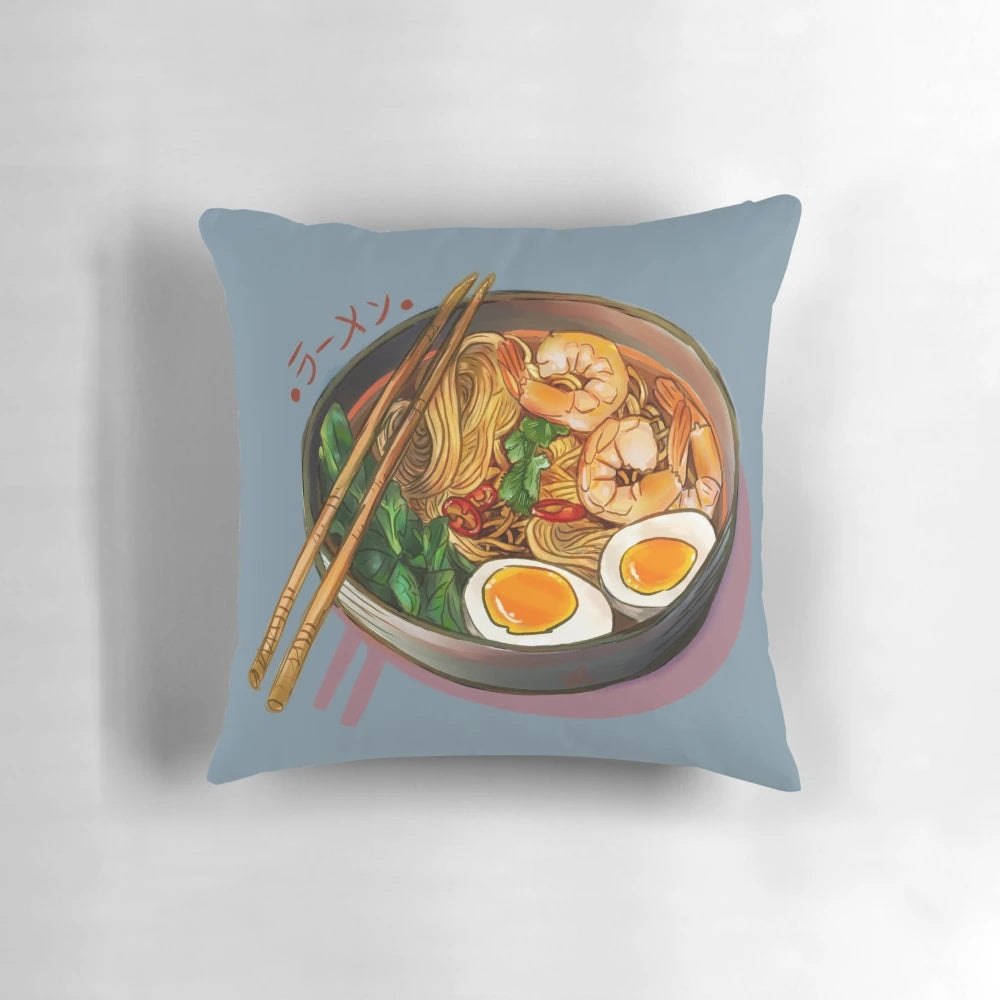 Plush pillow in the shape of a Japanese ramen noodle bowl with anime-style design