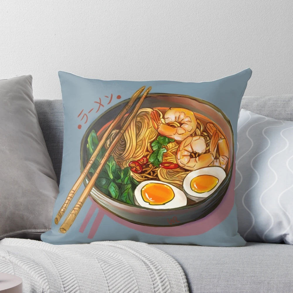 Plush pillow in the shape of a Japanese ramen noodle bowl with anime-style design