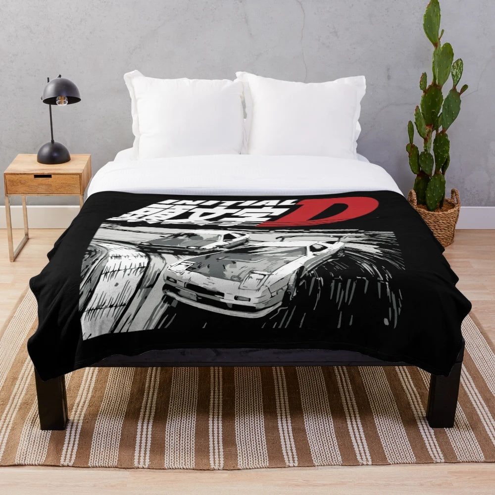 Anime inspired plush blanket featuring the Toyota Corolla AE86 Sprinter Trueno and Mazda RX-7 FC3S