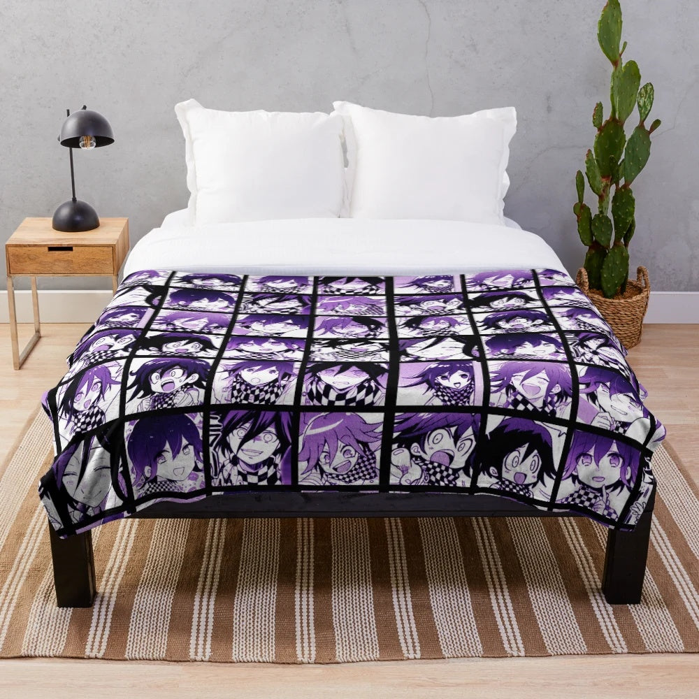 Kokichi Ouma plush blanket featuring colorful manga-style artwork from Danganronpa V3: Killing Harmony