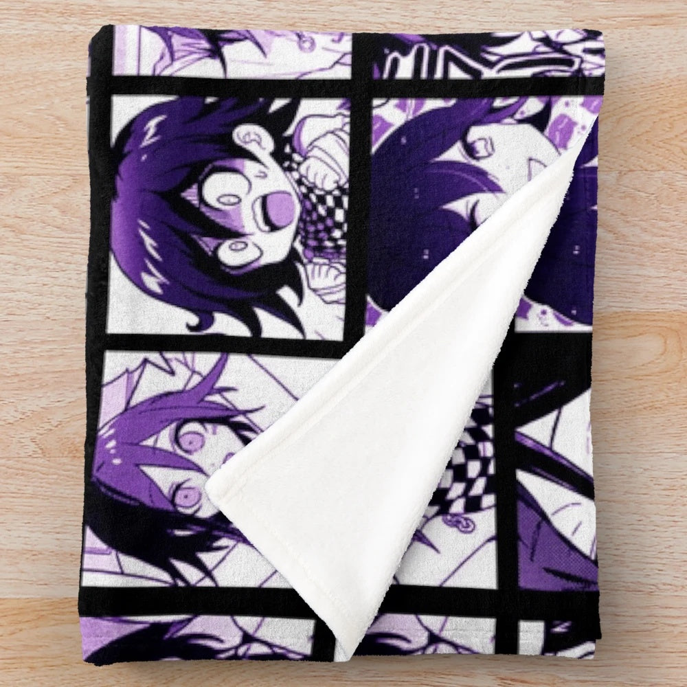 Kokichi Ouma plush blanket featuring colorful manga-style artwork from Danganronpa V3: Killing Harmony