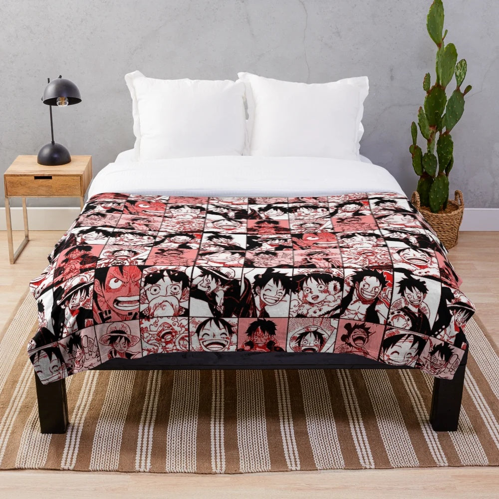 Anime-inspired Monkey D. Luffy plush blanket with manga panel collage design