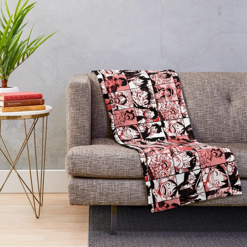 Anime-inspired Monkey D. Luffy plush blanket with manga panel collage design