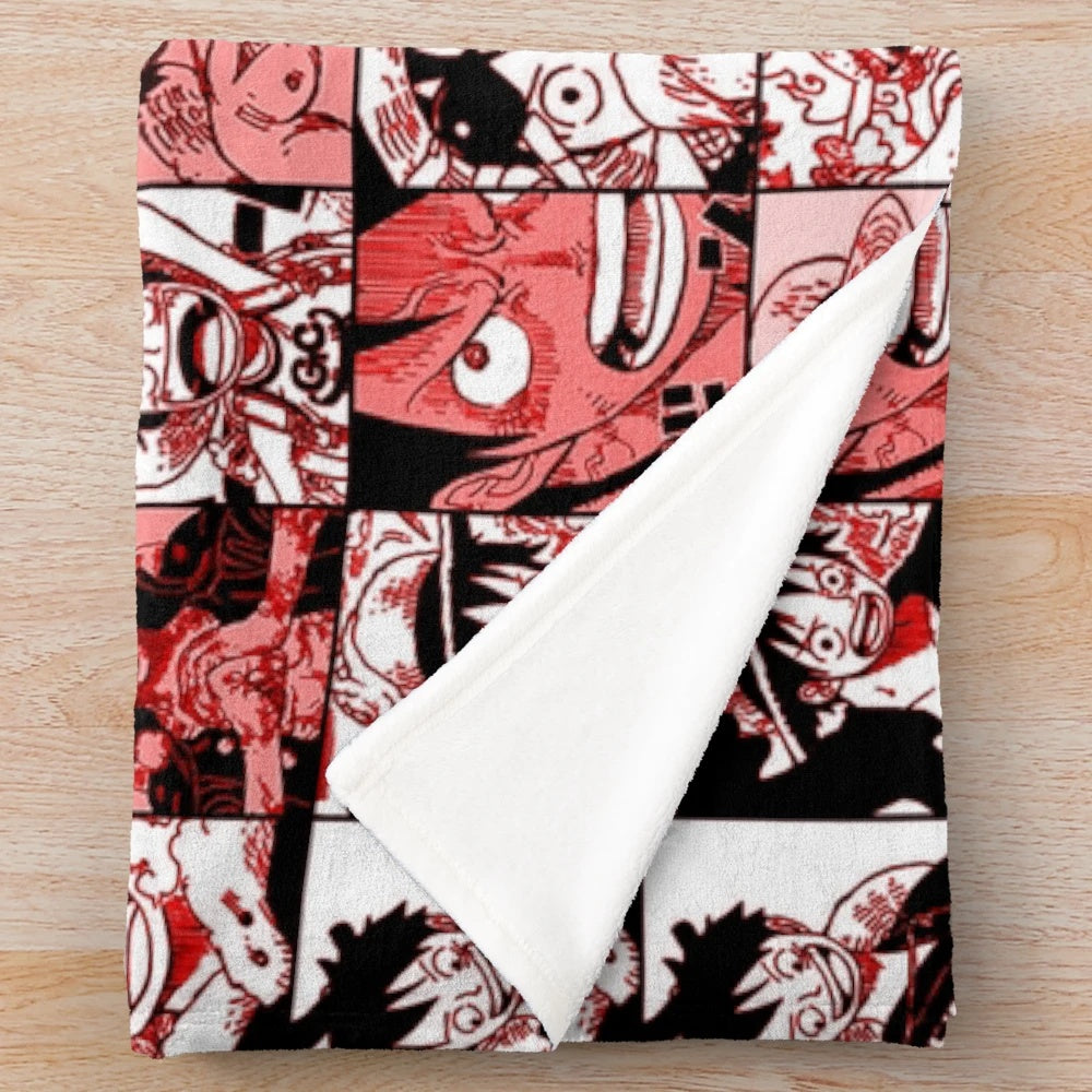 Anime-inspired Monkey D. Luffy plush blanket with manga panel collage design