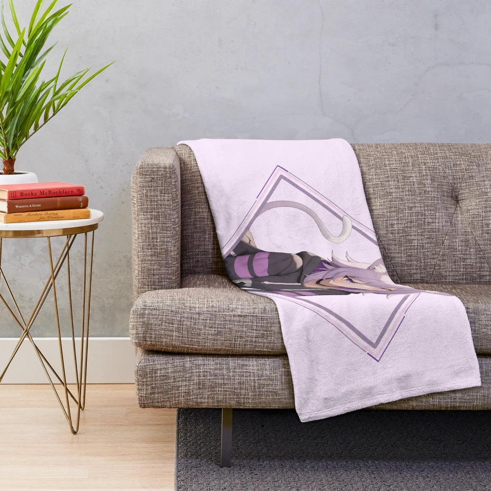 Anime-inspired plush blanket featuring the cute cat girl character Nekomata Okayu from Hololive