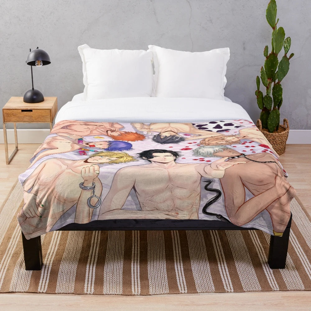 Obey Me themed plush blanket featuring fanart of the demon brothers
