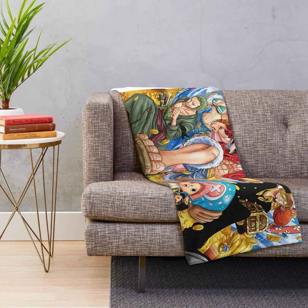 One Piece Plush Blanket featuring Straw Hat Pirates and Monkey D. Luffy