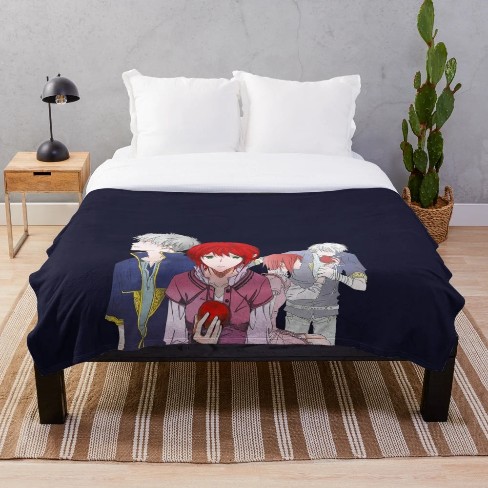 Akagami no Shirayukihime inspired plush blanket with red-haired princess and floral design