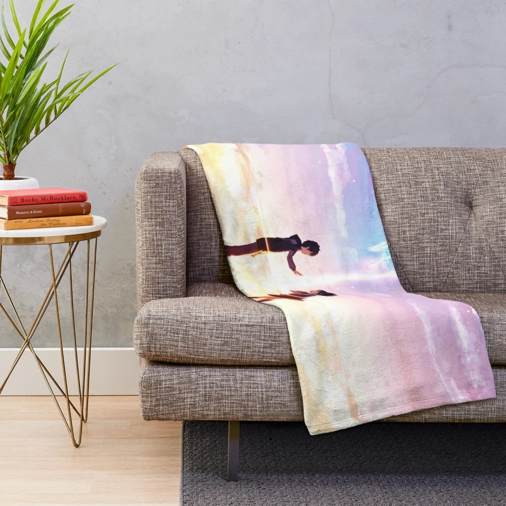 Anime-inspired plush blanket featuring characters from the popular movie "Your Name