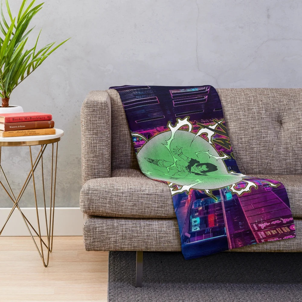 Plush blanket featuring anime-inspired dragon ball characters and vaporwave aesthetic