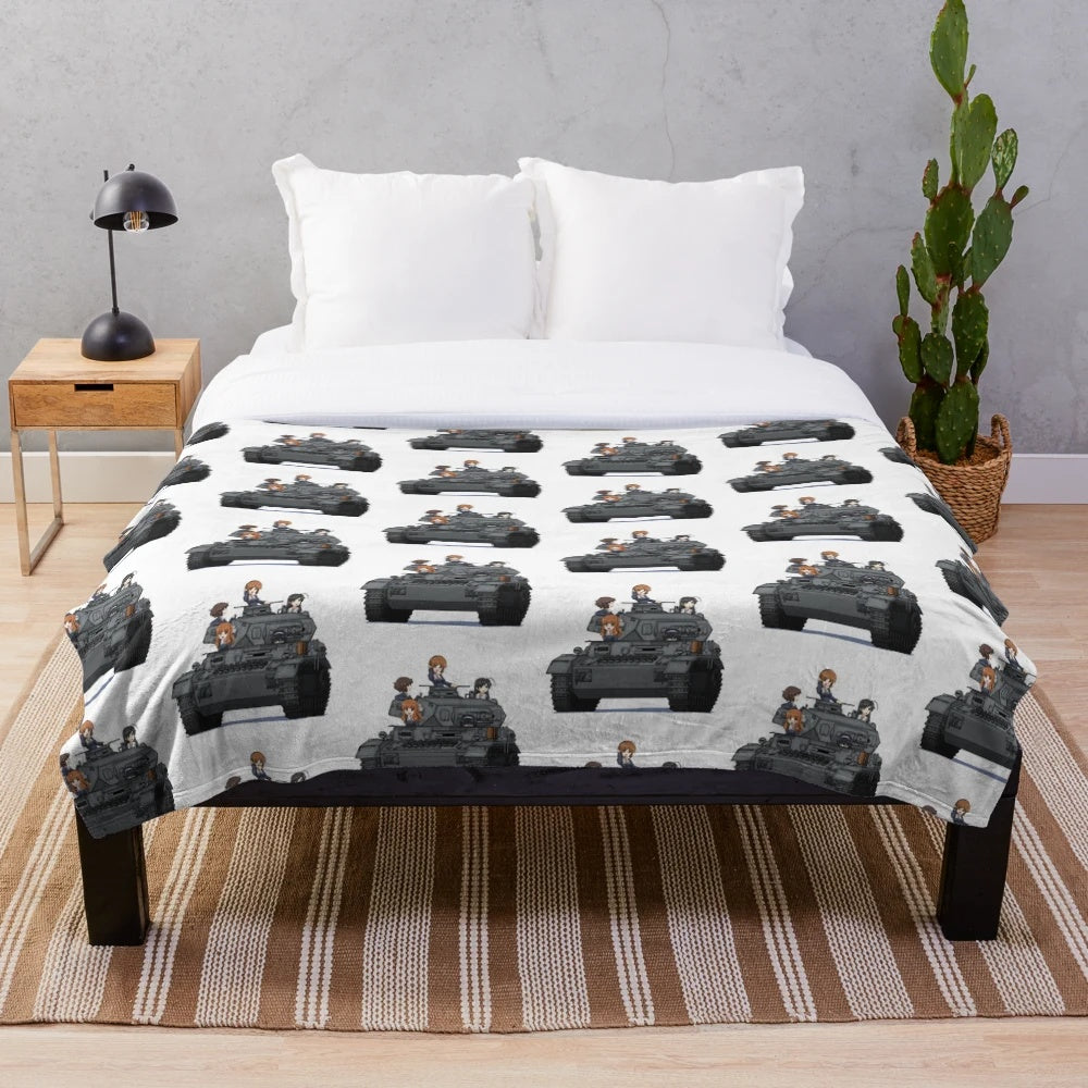 Plush blanket featuring characters and military tanks from the anime series Girls Und Panzer