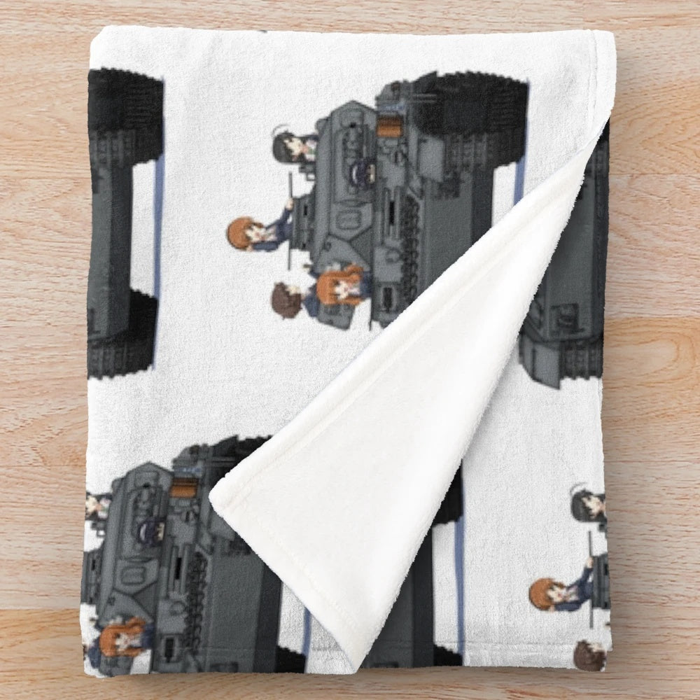 Plush blanket featuring characters and military tanks from the anime series Girls Und Panzer