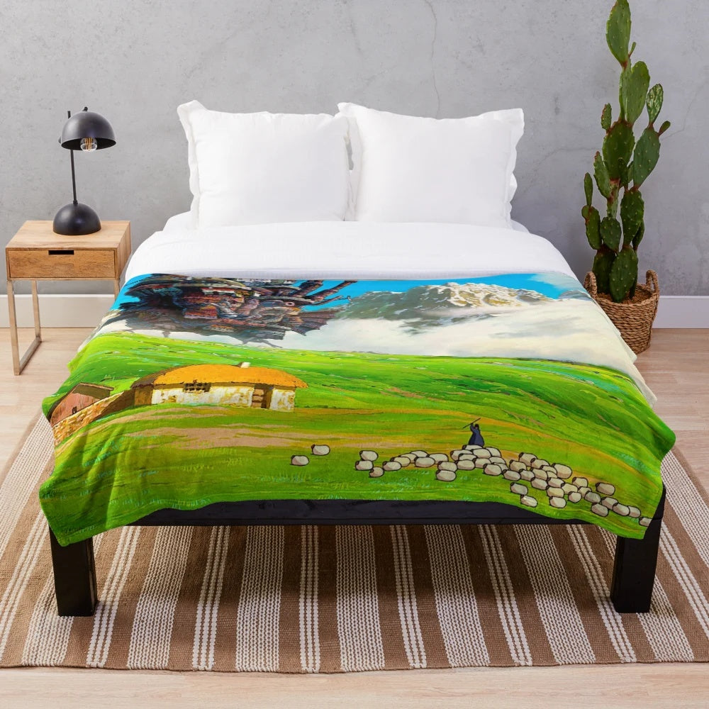 Howl's Moving Castle inspired plush blanket with anime and cartoon design