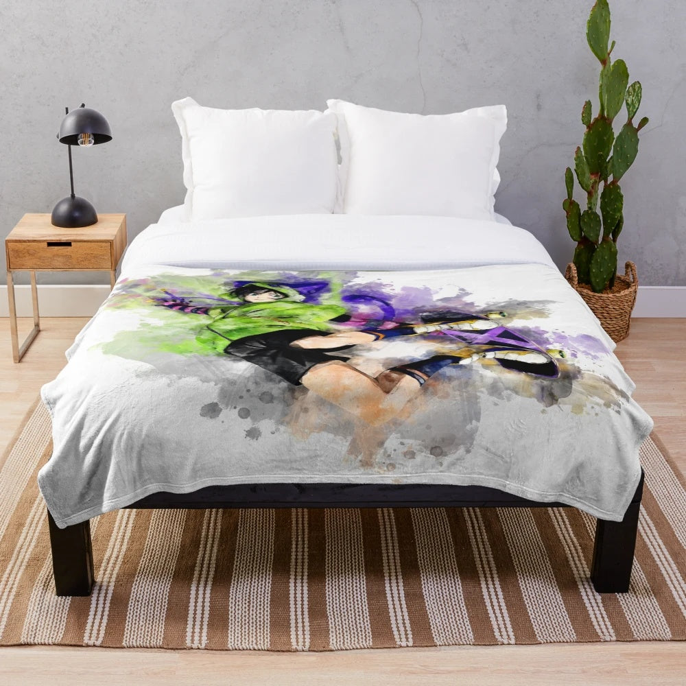 Vibrant watercolor-style image of Miya Chinen, the catboy character from the anime series SK8 the Infinity, printed on a soft plush blanket.