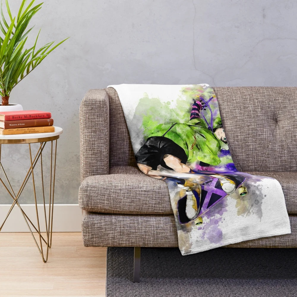 Vibrant watercolor-style image of Miya Chinen, the catboy character from the anime series SK8 the Infinity, printed on a soft plush blanket.