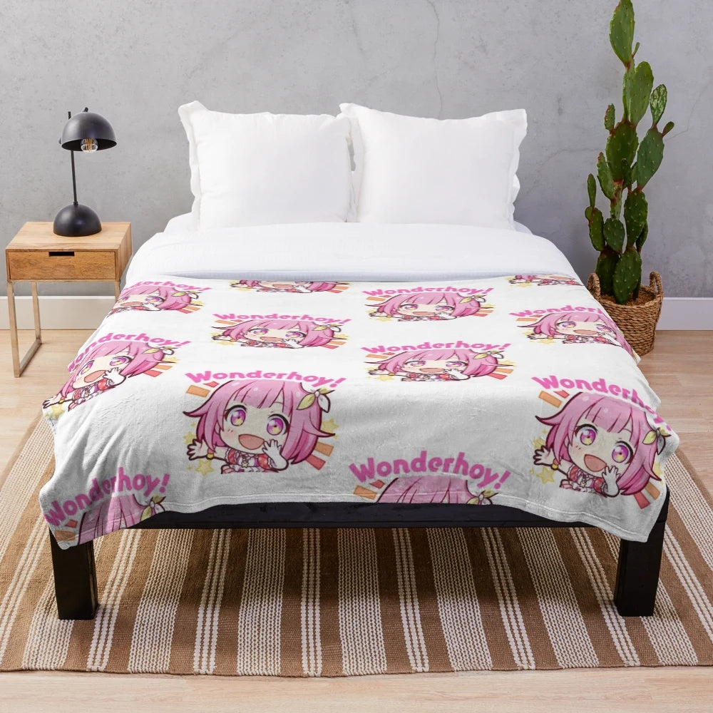 Anime-inspired plush blanket featuring the Project Sekai character Emu Otori's "Wonderhoy" stamp design