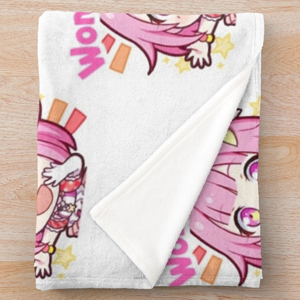 Anime-inspired plush blanket featuring the Project Sekai character Emu Otori's "Wonderhoy" stamp design