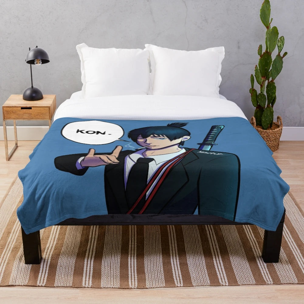 Cozy anime-style plush blanket with retro samurai design