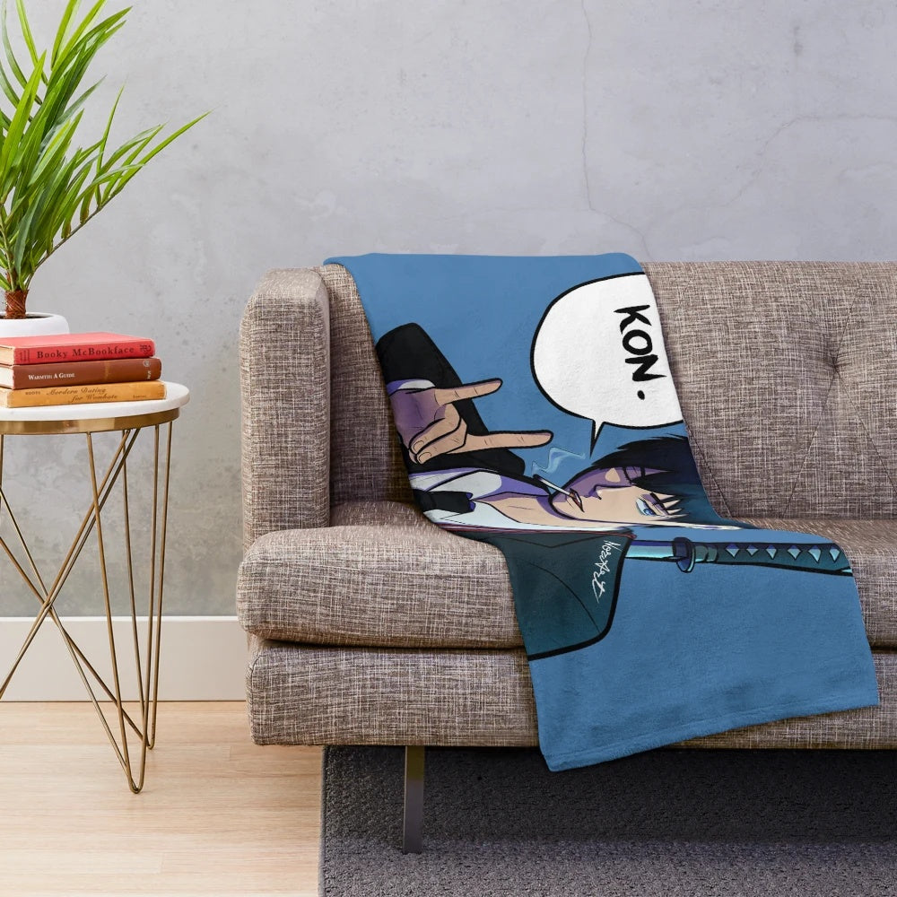 Cozy anime-style plush blanket with retro samurai design