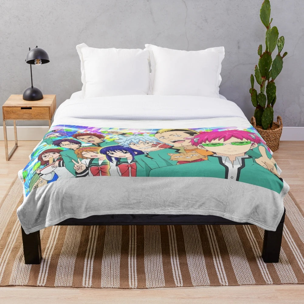 Anime inspired plush blanket featuring characters from the popular series The Disastrous Life of Saiki K